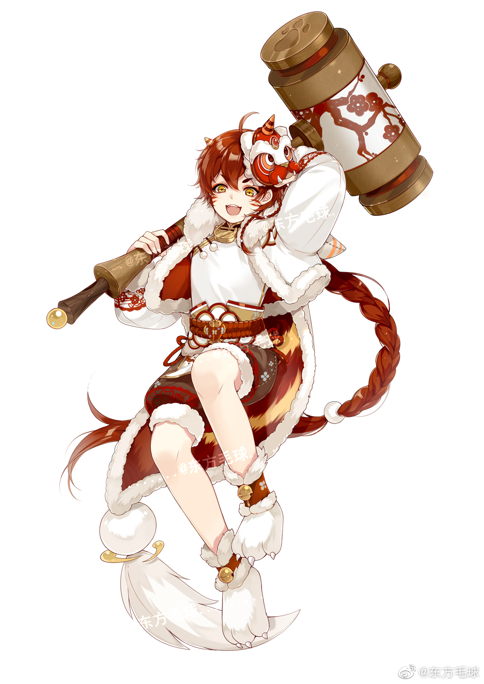 1boy :d arm_behind_head bell belt braid brown_shorts cape child chinese_clothes cone_horns dongfang_mao_qiu eyeliner facial_mark fangs full_body fur-trimmed_cape fur-trimmed_jacket fur-trimmed_shorts fur_trim hair_between_eyes hammer highres holding holding_hammer horns huge_weapon jacket jingle_bell lock long_hair long_sleeves looking_at_viewer makeup male_focus mask mask_on_head nian_gao_(the_tale_of_food) official_art open_clothes open_jacket over_shoulder padlock padlocked_collar paw_shoes red_belt red_cape red_eyeliner redhead shirt short_eyebrows shorts simple_background single_braid smile solo tassel teeth the_tale_of_food two-sided_cape two-sided_fabric upper_teeth_only watermark weapon weapon_over_shoulder weibo_logo weibo_username whisker_markings white_background white_cape white_footwear white_jacket white_shirt yellow_eyes