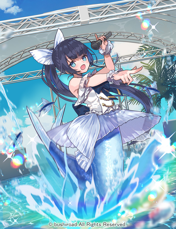 1girl :d animal bare_shoulders black_hair blue_eyes blue_hair blue_sky blush cardfight!!_vanguard character_request clouds commentary_request day fang fish flying_fish frilled_shirt frills hand_up holding holding_microphone long_hair looking_at_viewer microphone miyoshino multicolored_hair official_art outdoors outstretched_arm pointing ponytail see-through shirt sky sleeveless sleeveless_shirt smile solo splashing two-tone_hair very_long_hair water white_shirt wrist_cuffs