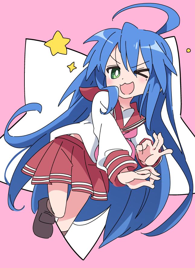 1girl :3 :d ahoge blue_hair collarbone commentary_request full_body green_eyes hair_between_eyes huge_ahoge ixy izumi_konata light_blush loafers long_hair long_sleeves looking_at_viewer lucky_star mole mole_under_eye neckerchief one_eye_closed open_mouth pink_background pink_neckerchief pleated_skirt red_sailor_collar red_skirt ryouou_school_uniform sailor_collar school_uniform serafuku shoes simple_background skirt smile solo star_(symbol) very_long_hair