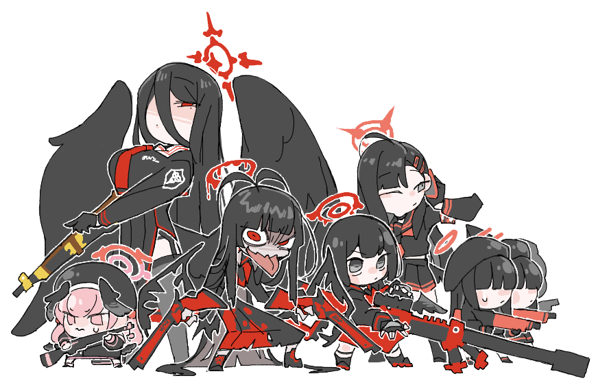 6+girls ahoge antenna_hair anti-materiel_rifle black_hair black_serafuku black_wings blood blood_halo blood_on_clothes blue_archive bolt_action breasts charm_(object) chibi fingerless_gloves garter_straps gloves grey_eyes gun hair_ornament hairclip halo hasumi_(blue_archive) head_wings holding holding_gun holding_weapon huge_breasts ichika_(blue_archive) justice_task_force_(blue_archive) justice_task_force_member_(blue_archive) koharu_(blue_archive) lever_action long_skirt looking_afar looking_at_viewer low_wings mashiro_(blue_archive) melting_halo multiple_girls pink_eyes pink_hair red_eyes red_halo rifle school_uniform scope serafuku shotgun simple_background skirt sniper_rifle sweatdrop syoya_ko thigh-highs tongue tongue_out tsurugi_(blue_archive) weapon white_background winchester_model_1887 winged_halo wings