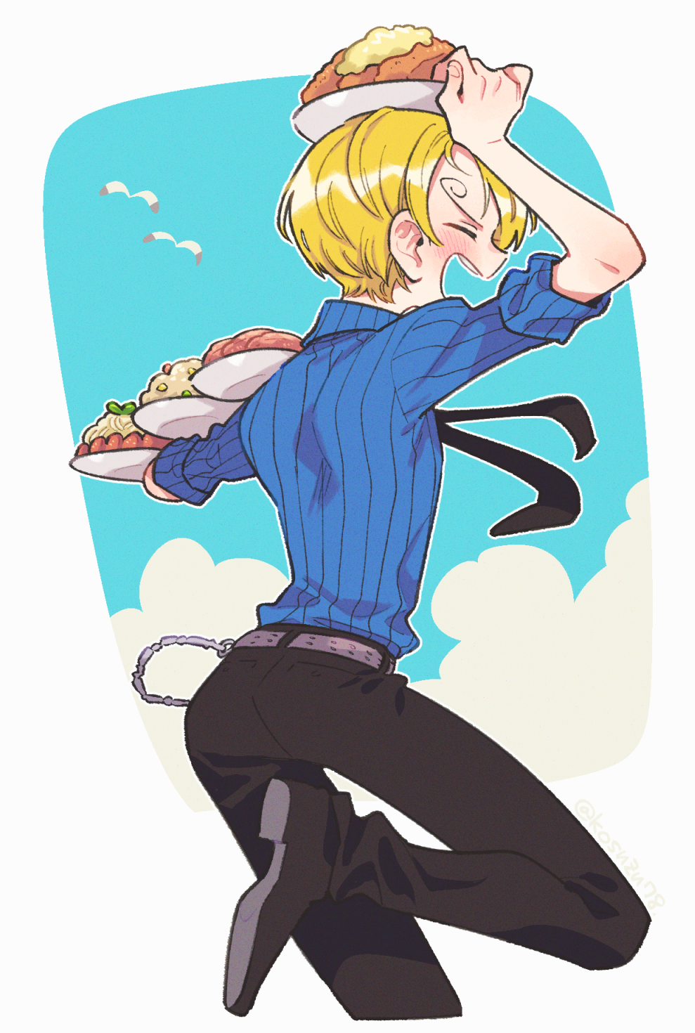 1boy arm_above_head ass belt bird black_necktie black_pants blonde_hair blue_sky blush closed_eyes clouds collared_shirt commentary cropped_legs curly_eyebrows food from_behind highres long_bangs male_focus meatball mitsubachi_koucha necktie one_piece open_mouth pants pasta plate sanji_(one_piece) seagull shirt short_hair simple_background sky smile spaghetti striped_clothes