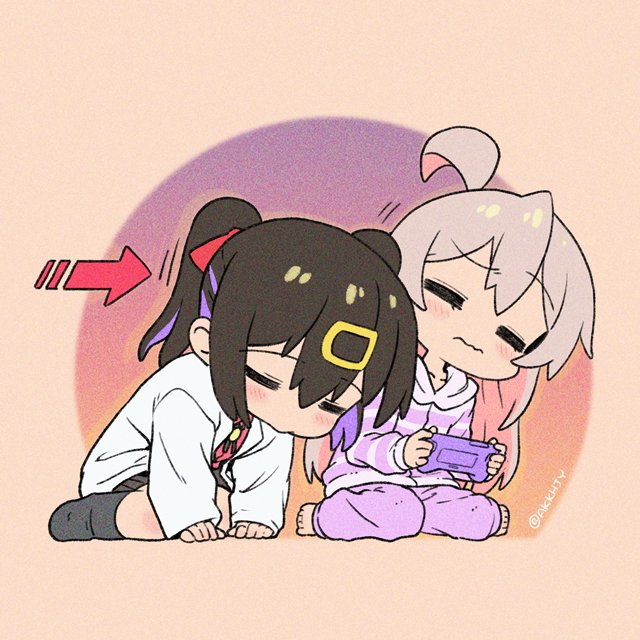2girls =_= ahoge all_fours arrow_(symbol) barefoot black_hair black_socks chibi colored_inner_hair commentary controller game_controller grey_hair hair_ornament hairclip holding holding_controller holding_game_controller lab_coat leaning_on_person leaning_to_the_side long_hair long_sleeves matado_(almukha) multicolored_hair multiple_girls onii-chan_wa_oshimai! oyama_mahiro oyama_mihari pants pink_hair pink_pants pout purple_hair siblings simple_background sisters sitting socks twintails twitter_username two-tone_hair wariza wavy_mouth wireless_game_controller