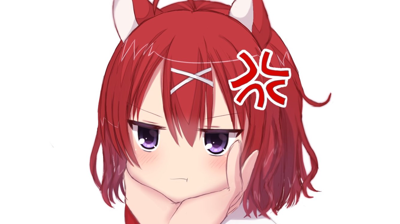 1girl :t ahoge amairo_islenauts anger_vein angry animal_ears blush close-up closed_mouth commentary hair_between_eyes hair_ornament hands_on_own_cheeks hands_on_own_face jitome looking_at_viewer mahigu_re masaki_gaillard medium_hair pout redhead simple_background solo v-shaped_eyebrows violet_eyes white_background wolf_ears wolf_girl x_hair_ornament