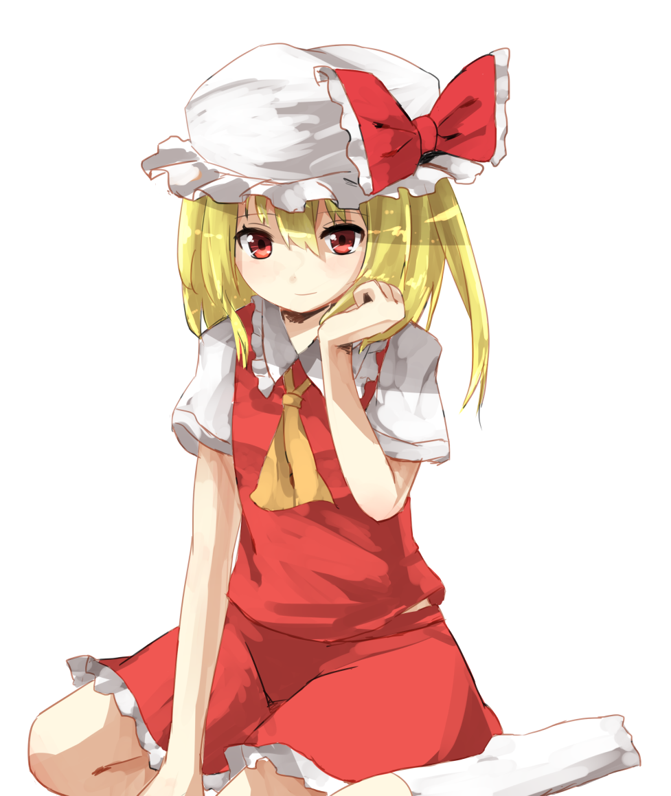 1girl ascot blonde_hair bow closed_mouth collared_shirt flandre_scarlet frilled_bow frilled_shirt_collar frilled_skirt frills full_body hat hat_bow light_smile long_hair looking_at_viewer miyaran01 mob_cap one_side_up puffy_short_sleeves puffy_sleeves red_bow red_eyes red_skirt red_vest shirt short_sleeves simple_background sitting skirt skirt_set socks solo touhou vest wariza white_background white_headwear white_shirt white_socks yellow_ascot