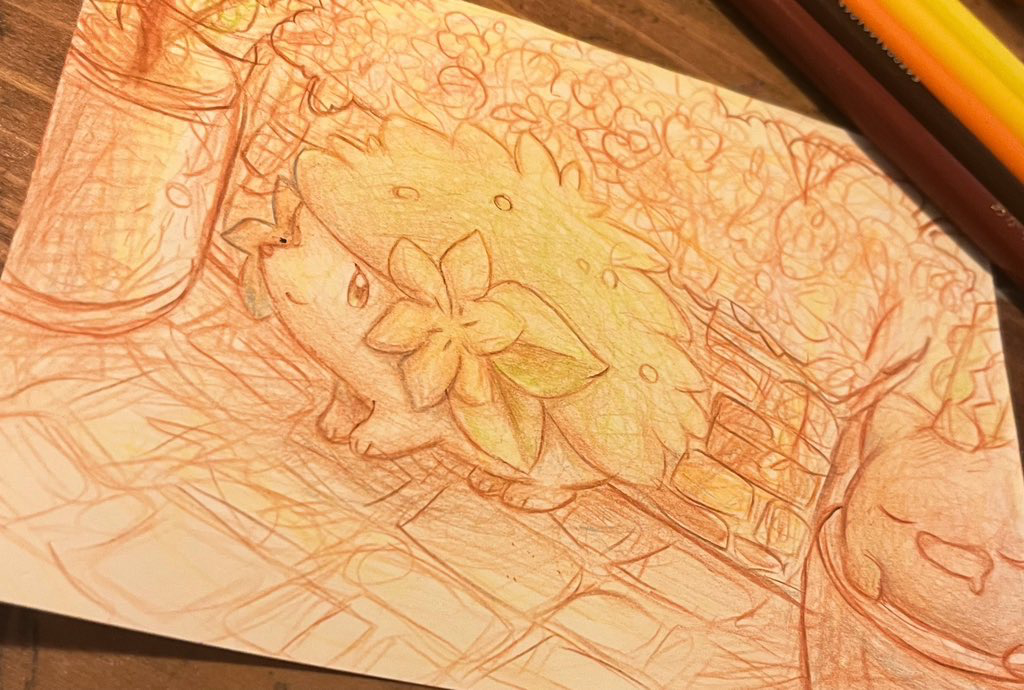 animal_focus art_tools_in_frame closed_mouth colored_pencil_(medium) commentary flower full_body green_eyes happy hoppip no_humans pencil photo_(medium) plant pokemon pokemon_(creature) potted_plant shaymin shaymin_(land) sketch smile solo_focus tensaitou_tou traditional_media