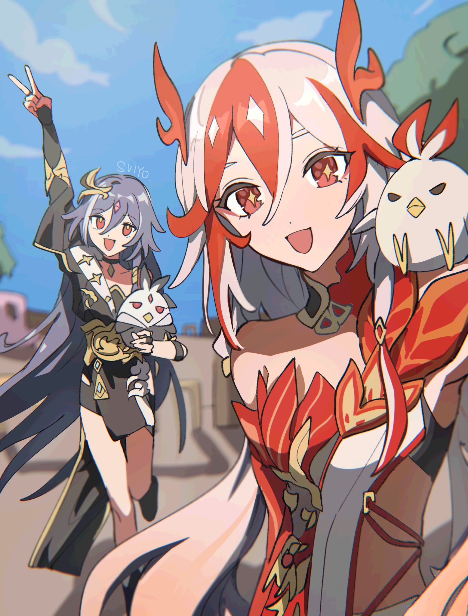 2girls :d animal animal_on_shoulder arm_up bird bird_on_shoulder black_footwear black_sleeves black_sports_bra blue_sky chinese_clothes day dual_persona eyeliner fu_hua fu_hua_(fenghuang_of_vicissitude) fu_hua_(herrscher_of_sentience) grey_hair hair_between_eyes highres holding holding_animal honkai_(series) honkai_impact_3rd jewelry jingwei_(bird) long_hair looking_at_viewer makeup multicolored_hair multiple_girls open_mouth outdoors red_eyeliner red_eyes red_rope red_scales redhead rope scales sky smile sports_bra streaked_hair tree uehara_suiyo upper_body v very_long_hair white_hair yellow_pupils