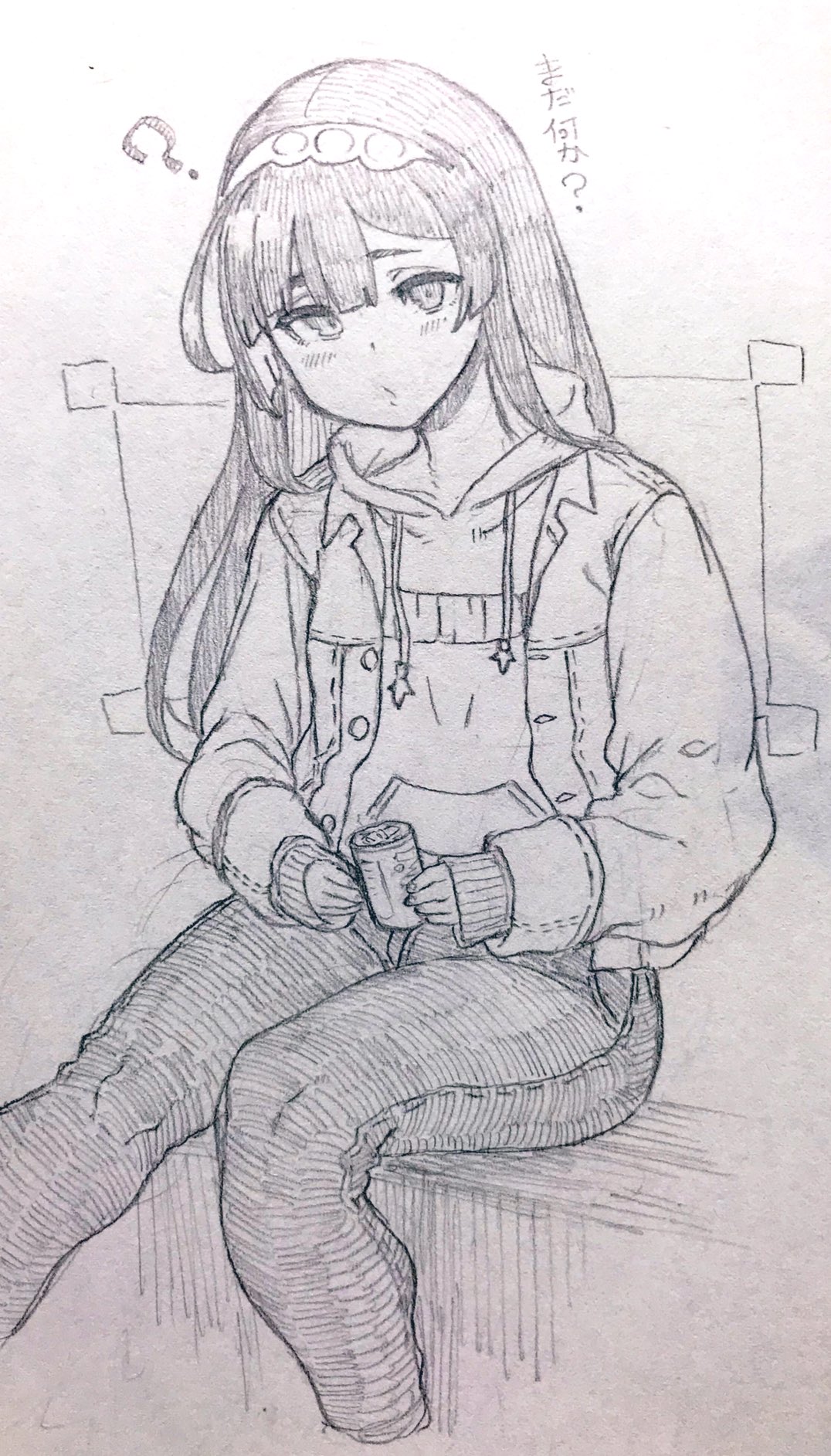 1girl ? ahoge alternate_costume blush can commentary_request cropped_legs denim denim_jacket graphite_(medium) greyscale hairband highres hime_cut holding holding_can hood hood_down hoodie jacket jacket_over_hoodie jeans long_hair long_sleeves looking_at_viewer monochrome open_clothes open_jacket pants simple_background sitting sleeves_past_wrists solo toriniku29 touhoku_zunko traditional_media voiceroid