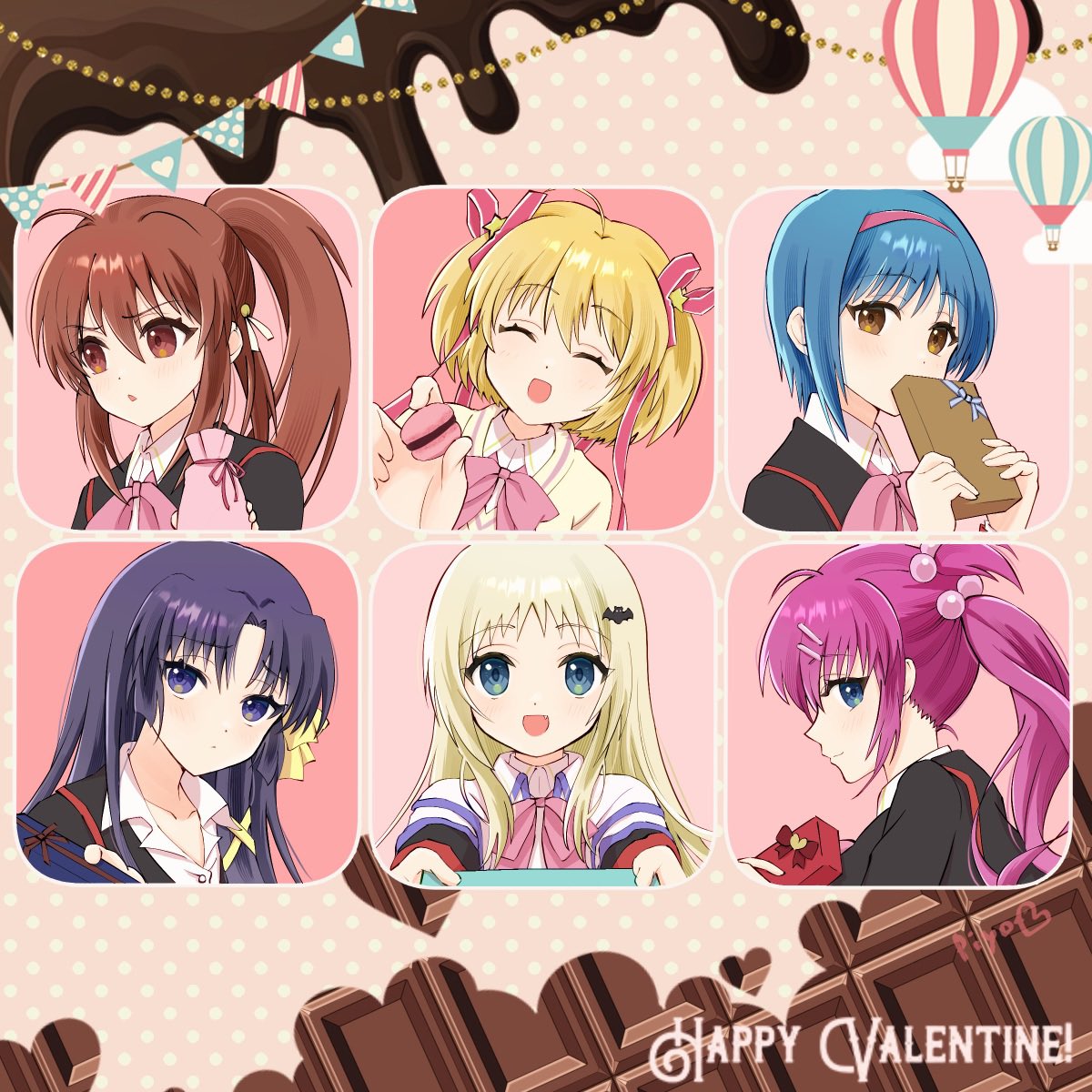 6+girls :d ^_^ ahoge bat_hair_ornament bell black_hair blonde_hair blue_eyes blue_hair blush brown_eyes brown_hair cape chocolate close-up closed_eyes closed_mouth commentary covered_mouth facing_viewer fang food frown gift grey_hair hair_bell hair_between_eyes hair_bobbles hair_ornament hair_ribbon hairband happy happy_valentine highres holding holding_food holding_gift jingle_bell kamikita_komari kinkooo333 kurugaya_yuiko little_busters! little_busters!_school_uniform long_hair long_ribbon looking_at_viewer looking_to_the_side macaron multiple_girls natsume_rin nishizono_mio noumi_kudryavka one_side_up open_mouth parted_bangs pink_background polka_dot polka_dot_background ponytail profile reaching reaching_towards_viewer red_hairband red_ribbon ribbon saigusa_haruka school_uniform short_hair shy side_ponytail sidelocks simple_background smile star_(symbol) star_hair_ornament sweater sweets valentine violet_eyes white_cape yellow_ribbon yellow_sweater
