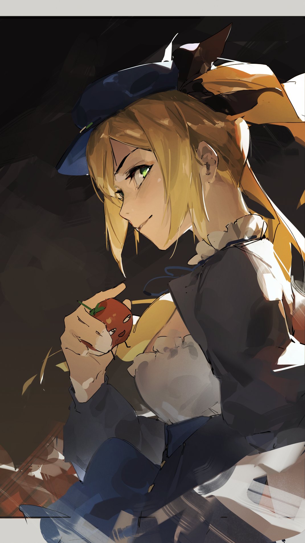 1girl black_background black_sleeves blonde_hair blue_headwear commentary dokibird_(vtuber) english_commentary food green_eyes highres holding holding_food indie_virtual_youtuber kuno_(runkunochan) letterboxed long_hair long_sleeves looking_at_viewer shirt simple_background sketch smile tomato twintails unfinished upper_body white_shirt