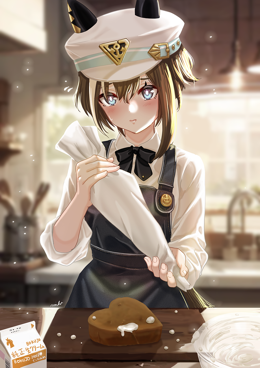 1girl apron blue_eyes blurry blurry_background blush brown_hair cake cheval_grand_(umamusume) closed_mouth commentary_request food hair_between_eyes hat highres holding horse_girl horse_tail kitchen looking_at_viewer medium_hair milk otono_(bkt4b) ribbon solo tail umamusume