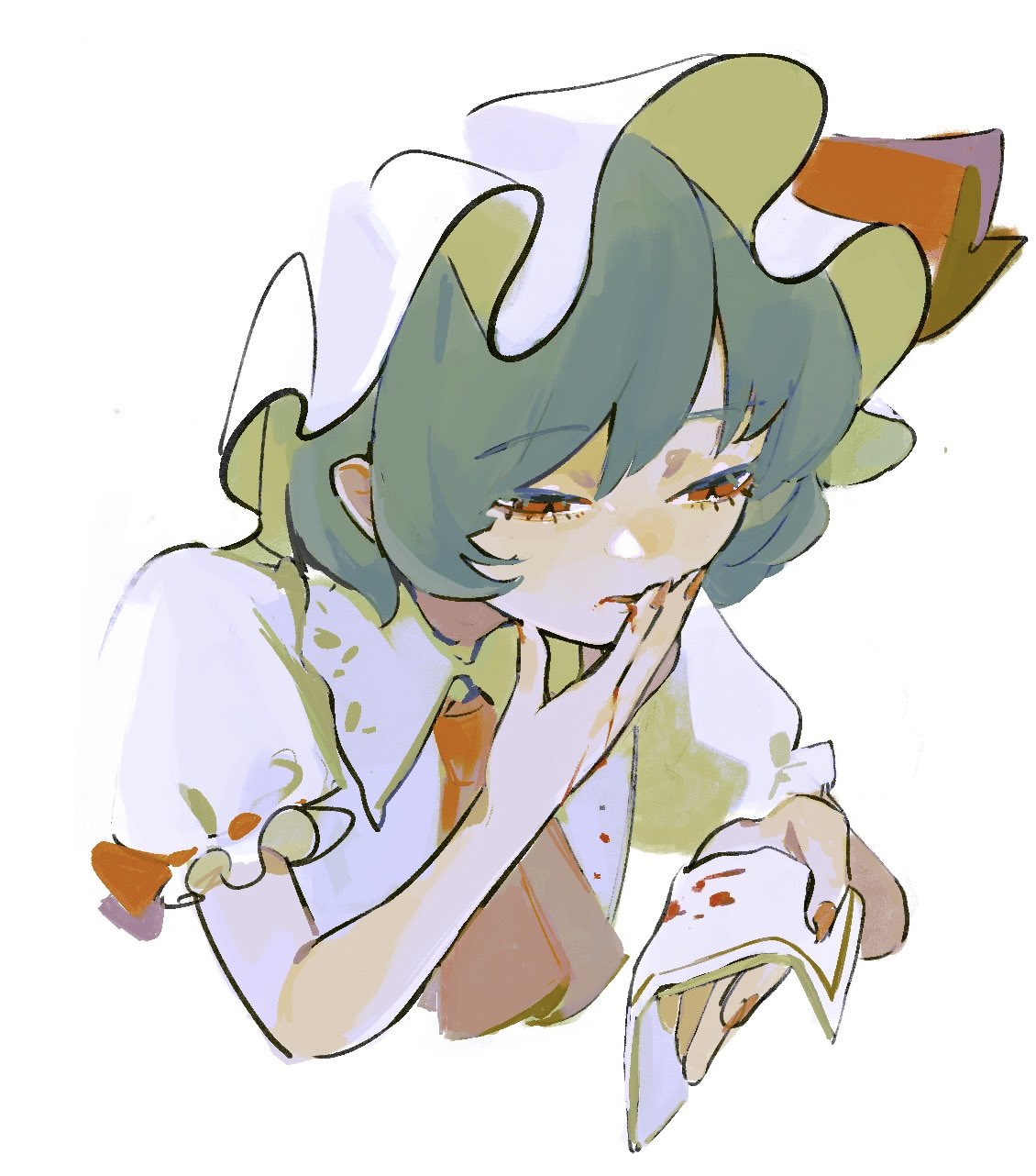 1girl ascot backlighting bleeding blood blood_from_mouth blood_on_clothes blood_on_hands bob_cut collared_shirt covering_own_mouth cropped_torso dee_(tannsumi) fingernails frilled_headwear green_hair half-closed_eyes hand_on_own_face hand_over_own_mouth hat hat_ribbon highres holding_handkerchief looking_at_object puffy_short_sleeves puffy_sleeves red_ascot red_eyes red_nails red_ribbon remilia_scarlet ribbon sharp_fingernails shirt short_hair short_sleeves simple_background solo touhou white_background white_headwear white_shirt