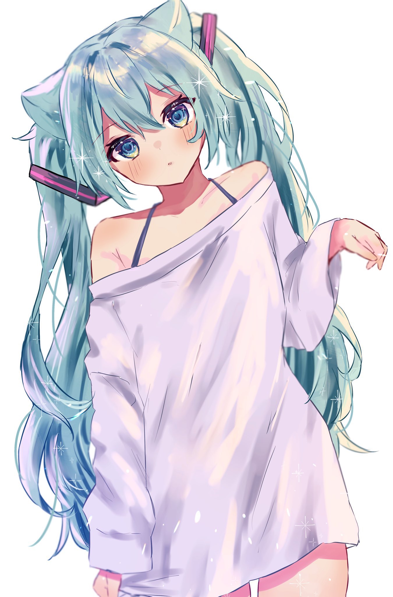 1girl :o animal_ears aqua_eyes aqua_hair cat_ears hair_between_eyes hand_up hashtag_only_commentary hatsune_miku highres light_blush long_hair looking_at_viewer natukisigure off-shoulder_shirt off_shoulder open_mouth shirt sidelocks simple_background solo sparkle twintails very_long_hair vocaloid white_background white_shirt