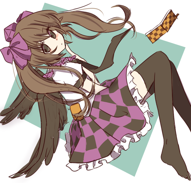 1girl black_thighhighs bow brown_eyes brown_hair cellphone checkered_clothes checkered_skirt closed_mouth dot_mouth dot_nose finger_to_own_chin frilled_skirt frills from_side full_body green_background hair_bow hat himekaidou_hatate index_finger_raised long_hair looking_at_viewer looking_to_the_side no_shoes phone puffy_short_sleeves puffy_sleeves purple_bow purple_headwear purple_skirt shimashiro_itsuki shirt short_sleeves skirt solo thigh-highs tokin_hat touhou two-tone_background white_background white_shirt zettai_ryouiki