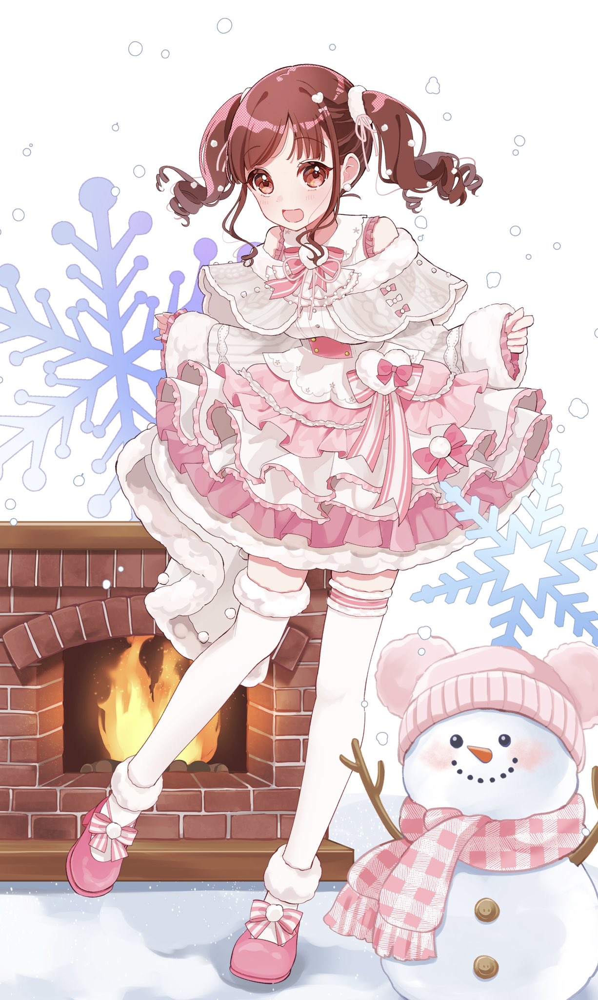 19_okeke 1girl :d asymmetrical_legwear bare_shoulders blush bow brown_eyes brown_hair dress fireplace frilled_dress frills full_body highres idolmaster idolmaster_shiny_colors pink_dress pink_footwear pink_ribbon ribbon short_twintails smile snow snowflakes solo sonoda_chiyoko thigh-highs twintails white_background white_thighhighs