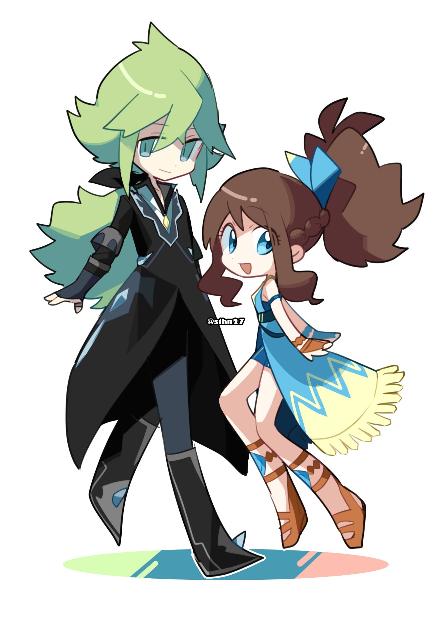 1boy 1girl :d artist_name black_coat blue_eyes brown_hair clear_2758 closed_mouth coat commentary_request green_hair high_ponytail highres hilda_(pokemon) long_hair n_(pokemon) n_(sygna_suit)_(pokemon) open_mouth pokemon pokemon_masters_ex sidelocks simple_background smile twitter_username white_background