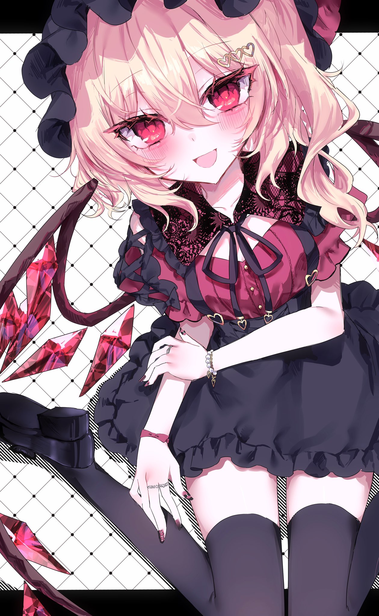 1girl :d alternate_costume black_border black_footwear black_headwear black_ribbon black_thighhighs blonde_hair blush border bow bracelet collarbone colored_eyelashes commentary crystal eyelashes flandre_scarlet foot_out_of_frame frilled_shirt_collar frilled_skirt frills hair_ornament hat heart heart_hair_ornament high-waist_skirt highres jewelry jirai_kei looking_at_viewer medium_hair mob_cap nail_polish neck_ribbon off-shoulder_shirt off_shoulder open_mouth red_bow red_eyes red_nails red_shirt ribbon ring rori82li shirt shoe_soles shoes side_ponytail simple_background sitting skirt smile solo suspender_skirt suspenders thigh-highs touhou tsurime wariza wavy_hair white_background wings wrist_bow zettai_ryouiki