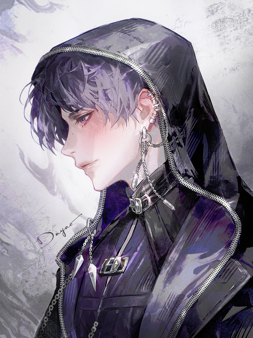 1boy bishounen blush buckle chain cloak closed_mouth dywx_poison ear_blush ear_piercing earrings from_side grey_background high_collar hood hood_up hooded_cloak jewelry long_sleeves love_and_deepspace male_focus mole mole_on_nose multiple_piercings parted_lips piercing pink_eyes purple_hair rafayel_(love_and_deepspace) signature silver_trim simple_background skin_tight solo two-tone_background two-tone_eyes violet_eyes white_background zipper