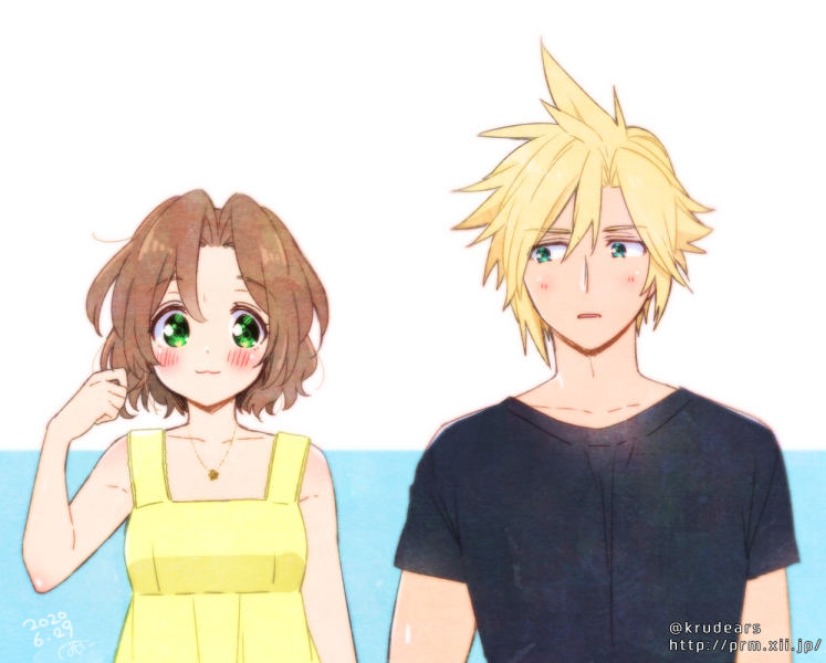 1boy 1girl :3 aerith_gainsborough alternate_hair_length alternate_hairstyle aqua_eyes artist_name bare_arms bare_shoulders black_shirt blonde_hair blush breasts brown_hair cloud_strife dated dress final_fantasy final_fantasy_vii final_fantasy_vii_remake green_eyes hair_between_eyes hand_in_own_hair jewelry krudears looking_at_another medium_breasts necklace parted_bangs parted_lips shirt short_hair short_sleeves sleeveless sleeveless_dress spiky_hair t-shirt twitter_username web_address yellow_dress