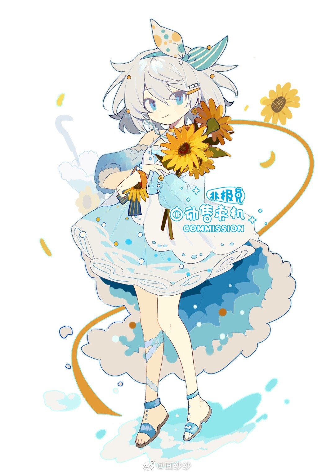 1girl aqua_bow aqua_hairband bare_legs bare_shoulders beads blue_dress blue_eyes blue_ribbon blue_sleeves bouquet bow brown_footwear chinese_commentary closed_mouth commentary_request commission detached_sleeves dress eyelashes flower frilled_sleeves frills full_body hair_bow hair_ornament hairband hairclip highres holding holding_bouquet huasha layered_dress leg_ribbon long_sleeves looking_at_viewer orange_ribbon original petals petticoat polka_dot polka_dot_bow puffy_long_sleeves puffy_sleeves ribbon short_dress short_hair simple_background sleeveless sleeveless_dress smile solo spaghetti_strap striped_bow sunflower toes two-tone_bow water_drop watermark weibo_logo weibo_username white_background white_bow white_dress white_hair yellow_flower