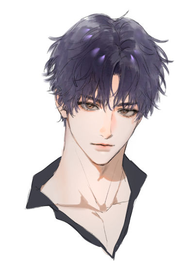 1boy black_shirt brown_eyes collarbone commentary expressionless kanapy lips looking_at_viewer love_and_deepspace male_focus purple_hair rafayel_(love_and_deepspace) shirt short_hair solo symbol-only_commentary