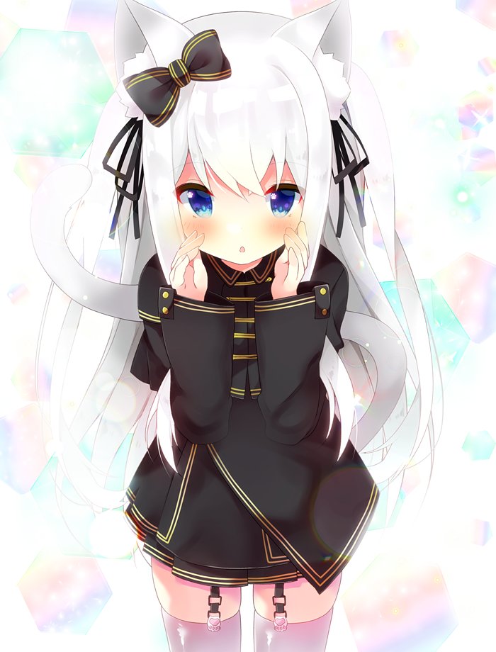 1girl animal_ear_fluff animal_ears backlighting band_uniform black_capelet black_dress black_ribbon blue_eyes blush calling capelet cat_ears cat_girl cat_tail commentary_request cowboy_shot crossed_bangs dress expressionless fuuna_thise garter_straps gold_trim hair_ribbon hands_on_own_cheeks hands_on_own_face long_hair long_sleeves mashiro_yuyu ribbon sidelocks skindentation solo tail thigh-highs two_side_up virtual_youtuber wactor_production white_thighhighs wing_collar zettai_ryouiki