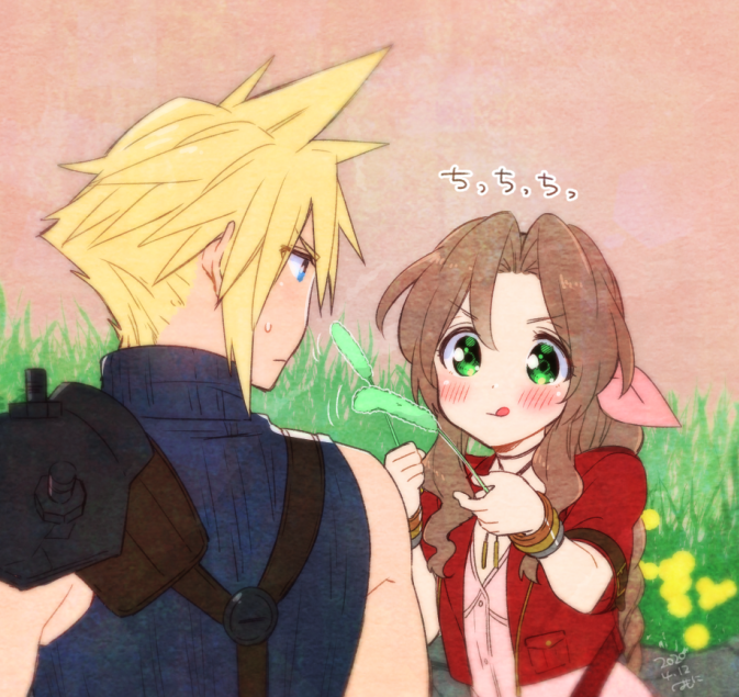 1boy 1girl aerith_gainsborough armor artist_name bangle blonde_hair blue_eyes blue_shirt blush bracelet braid braided_ponytail brown_hair choker cloud_strife cropped_jacket dated dress final_fantasy final_fantasy_vii final_fantasy_vii_remake flower garden grass green_eyes hair_between_eyes hair_ribbon holding holding_plant jacket jewelry krudears long_hair looking_at_another parted_bangs pink_dress pink_ribbon plant red_jacket ribbon ribbon_choker shirt short_hair short_sleeves shoulder_armor sidelocks single_bare_shoulder single_braid single_shoulder_pad sleeveless sleeveless_turtleneck spiky_hair suspenders sweatdrop tongue tongue_out turtleneck upper_body v-shaped_eyebrows wavy_hair yellow_flower