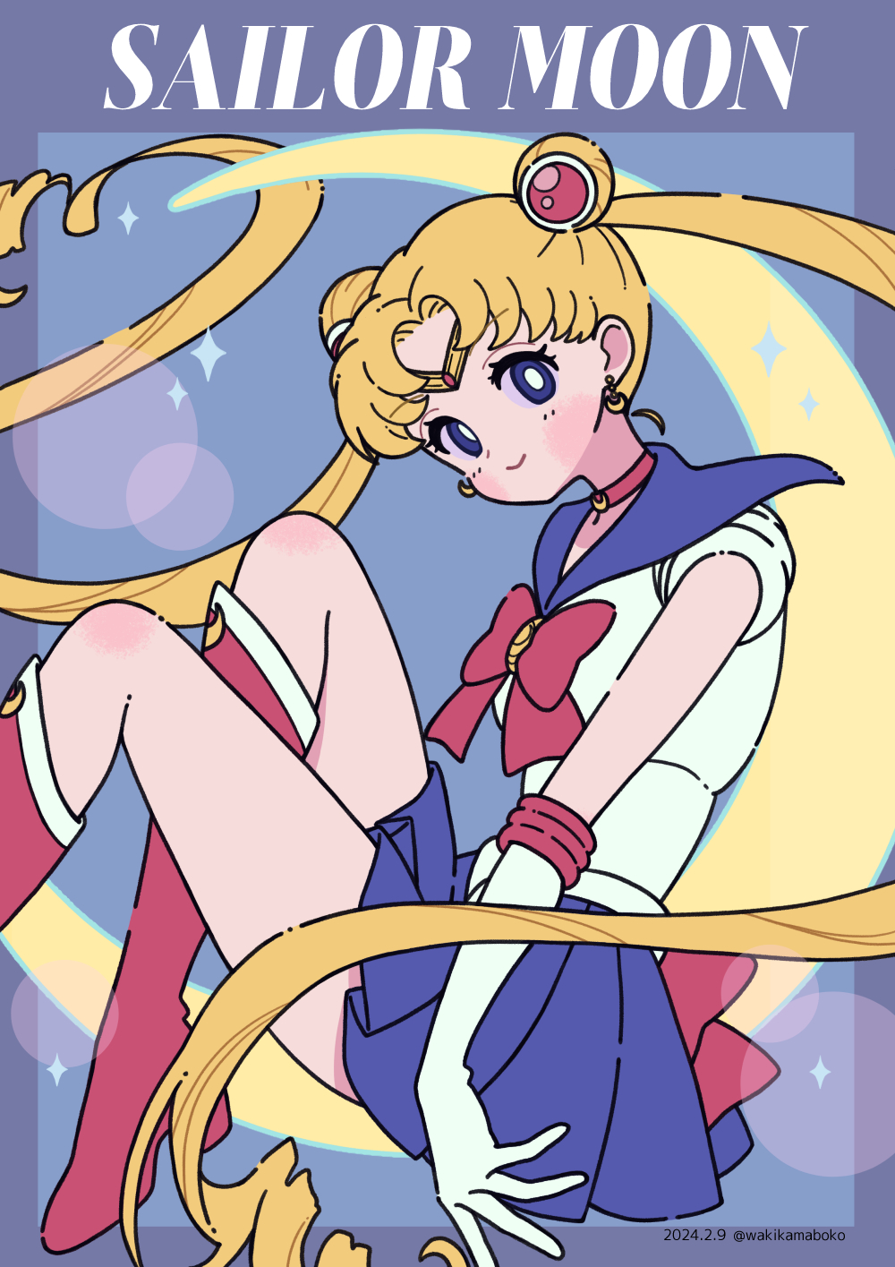 1girl bishoujo_senshi_sailor_moon blonde_hair blue_eyes blue_sailor_collar blue_skirt boots bow character_name choker circlet closed_mouth commentary_request dated double_bun gloves hair_bun highres knee_boots long_hair looking_at_viewer neki_(wakiko) parted_bangs pleated_skirt puffy_short_sleeves puffy_sleeves red_bow red_choker red_footwear sailor_collar sailor_moon shirt short_sleeves skirt smile solo tsukino_usagi twintails twitter_username very_long_hair white_gloves white_shirt
