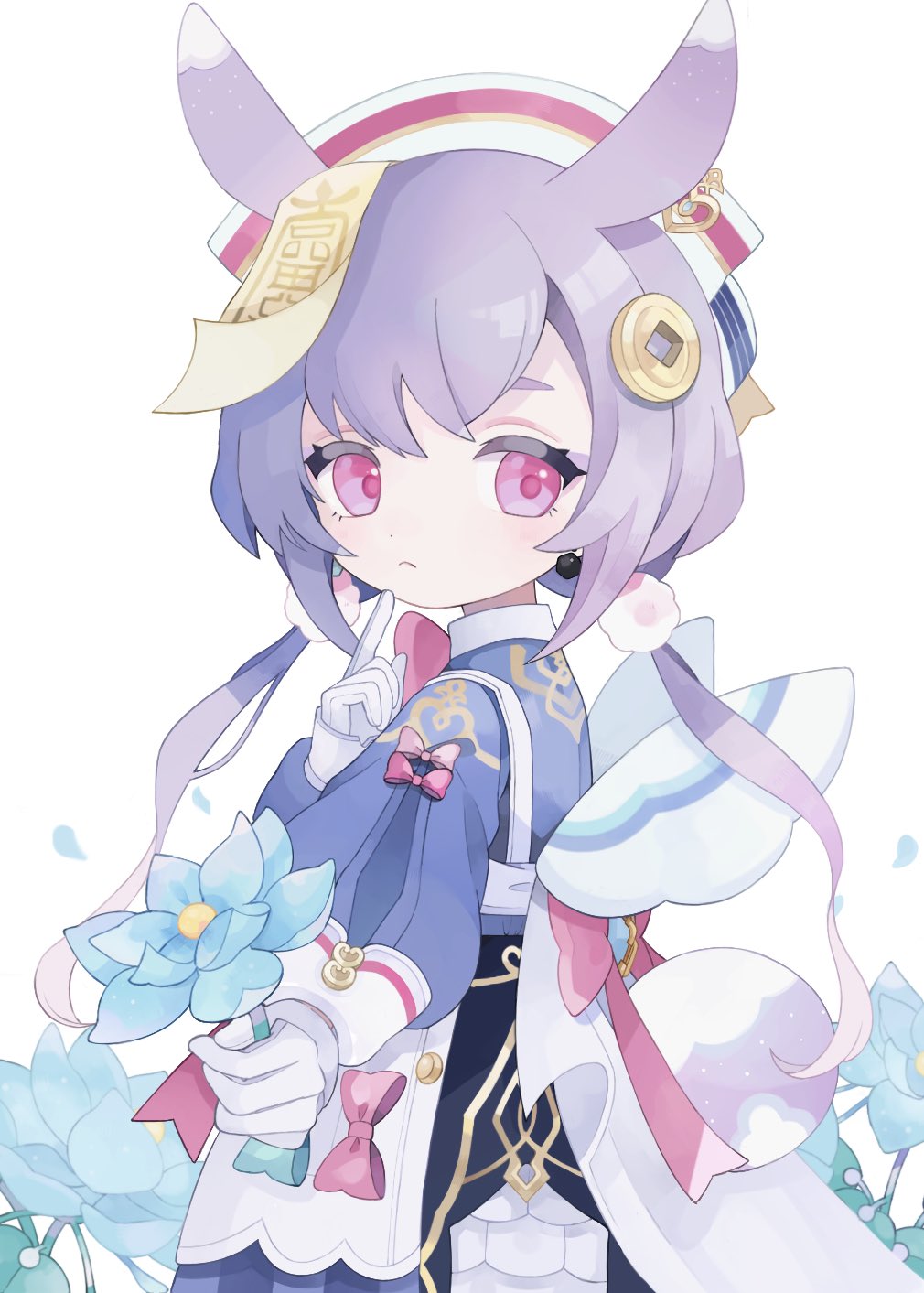 1girl aqua_dress bow bowtie closed_mouth coin_hair_ornament cosplay dress finger_to_mouth from_side genshin_impact gloves hair_ears hair_ornament hat highres jiangshi lllio_o long_sleeves low_twintails nurse_cap ofuda pink_bow pink_bowtie pom_pom_(clothes) pom_pom_hair_ornament purple_hair qiqi_(genshin_impact) sigewinne_(genshin_impact) sigewinne_(genshin_impact)_(cosplay) solo talisman twintails violet_eyes white_gloves white_headwear