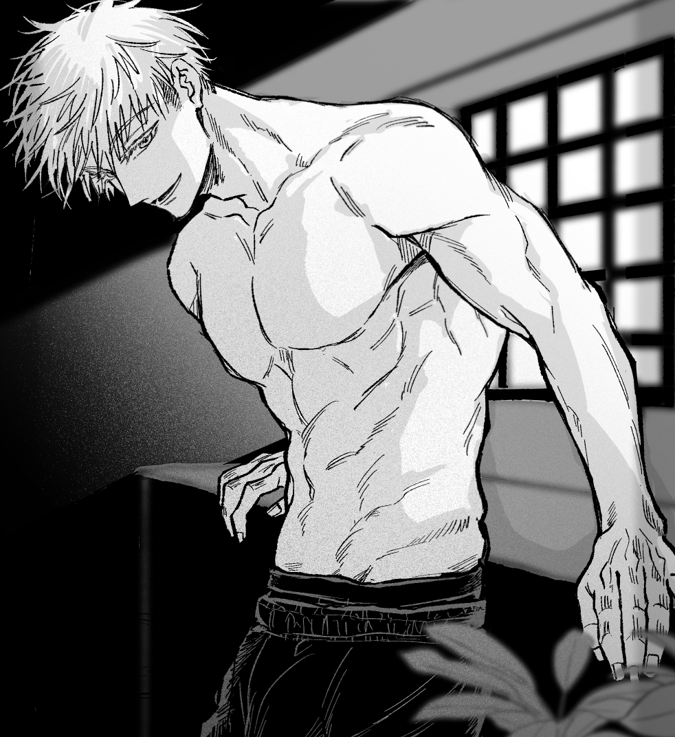 1boy abs cowboy_shot gojou_satoru greyscale hair_down indoors jujutsu_kaisen looking_at_viewer lower_teeth_only male_focus monochrome muscular muscular_male navel nay_bb pants parted_lips pectorals short_hair skin_tight solo standing teeth topless_male window