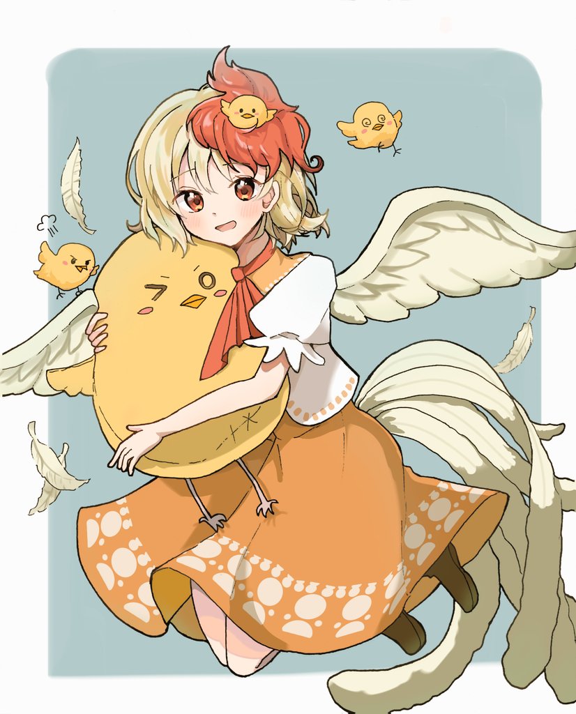 1girl :d animal animal_on_head bird bird_on_head bird_tail bird_wings blonde_hair blue_background border brown_footwear chick chicken choker commentary_request d9ysbx288350 dress feathered_wings feathers full_body multicolored_hair niwatari_kutaka on_head orange_dress puffy_short_sleeves puffy_sleeves red_eyes redhead ribbon_choker shirt short_sleeves smile solo tail touhou two-tone_hair white_border white_shirt wings yellow_feathers yellow_wings
