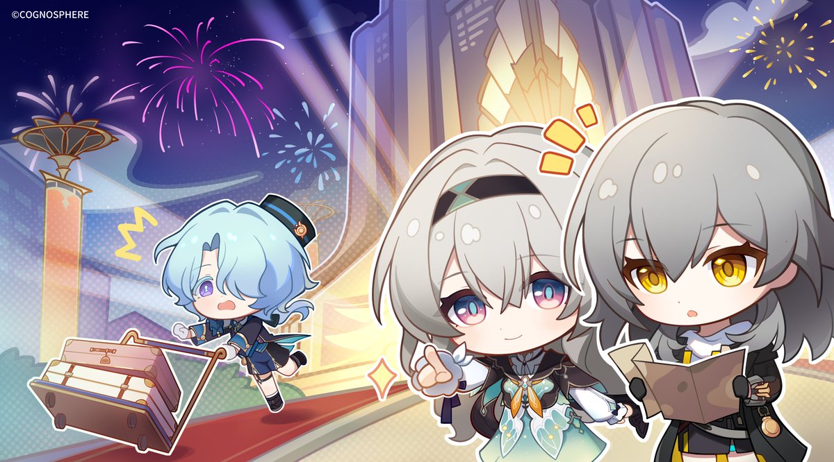1boy 2girls aqua_skirt black_gloves black_hairband brown_jacket closed_mouth cropped_jacket firefly_(honkai:_star_rail) fireworks gloves grey_hair hairband holding holding_map honkai:_star_rail honkai_(series) hotel in-universe_location jacket long_hair long_sleeves map misha_(honkai:_star_rail) multiple_girls official_art open_mouth pointing red_carpet shirt skirt smile stelle_(honkai:_star_rail) tower trailblazer_(honkai:_star_rail) translation_request tripping violet_eyes white_shirt yellow_eyes