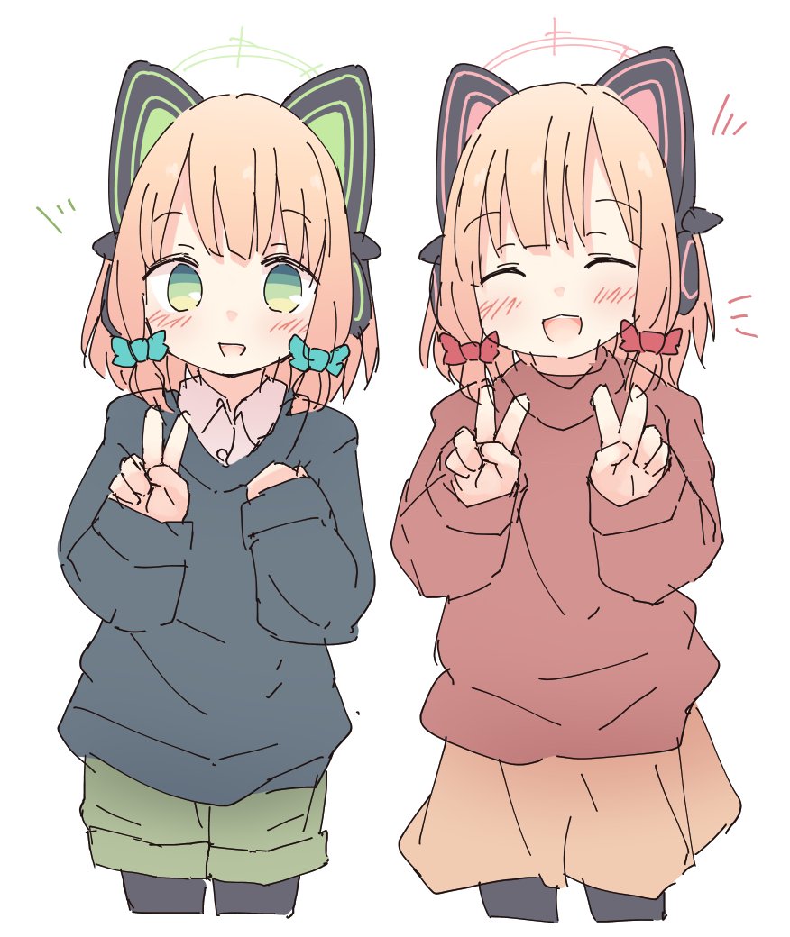 2girls animal_ear_headphones animal_ears black_leggings blonde_hair blue_archive blue_sweater blush bow cat_ear_headphones closed_eyes collared_shirt contemporary cropped_legs double_v fake_animal_ears green_bow green_eyes green_halo green_shorts hair_bow halo hands_up headphones kamotsu_yasai leggings long_sleeves looking_at_viewer low-tied_sidelocks midori_(blue_archive) momoi_(blue_archive) multiple_girls notice_lines open_mouth orange_skirt pink_halo red_bow red_sweater shirt short_hair shorts siblings sisters skirt smile sweater twins v white_shirt