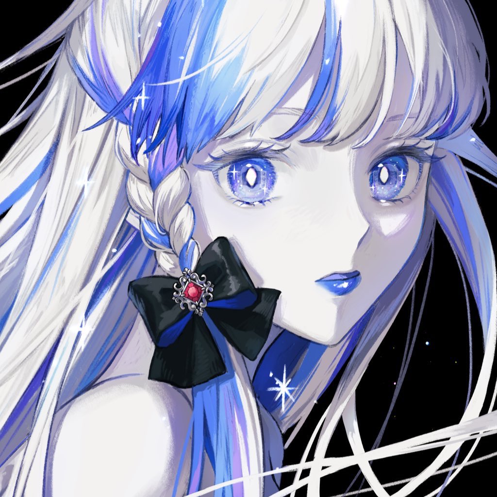 1girl black_background black_bow blue_eyes blue_hair blue_lips blue_theme bow braid bright_pupils close-up closed_mouth colored_skin diamond-shaped_pupils diamond_(shape) gem hair_bow kotobuki_nashiko light_particles long_hair looking_at_viewer multicolored_hair original portrait red_gemstone side_braid sidelocks single_braid solo sparkle sparkling_eyes streaked_hair symbol-shaped_pupils two-sided_bow two-tone_hair white_hair white_pupils white_skin