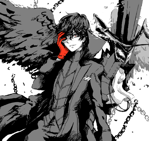 1boy amamiya_ren arsene_(persona_5) bad_drawr_id bad_id black_coat black_wings chain closed_mouth coat gloves greyscale hand_on_own_cheek hand_on_own_face hand_up hat light_smile long_sleeves looking_at_viewer male_focus monochrome monster oekaki one_eye_covered persona persona_5 red_gloves short_hair single_glove single_wing solo spot_color standing top_hat upper_body white_background wings yuu_(drawr)