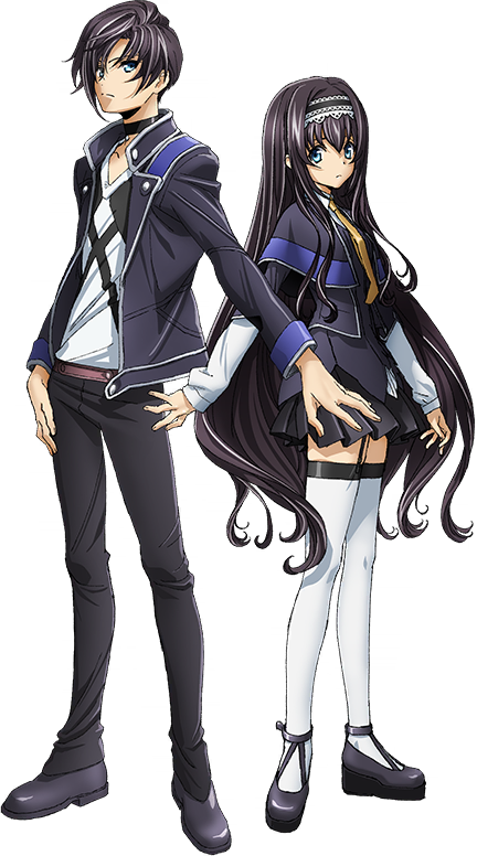 1boy 1girl arm_at_side artist_request belt black_capelet black_choker black_footwear black_hair black_pants black_skirt blue_eyes capelet choker closed_mouth code_geass code_geass:_lost_stories collared_shirt dual_persona frilled_hairband frills full_body game_cg garter_straps hairband jacket layered_sleeves long_hair long_sleeves looking_at_viewer mario_disel maya_disel miniskirt necktie non-web_source official_art open_clothes open_jacket pants pleated_skirt shirt shoes short_hair sidelocks simple_background skirt standing symmetry thigh-highs transparent_background v-neck very_long_hair white_hairband white_shirt white_thighhighs yellow_necktie zettai_ryouiki