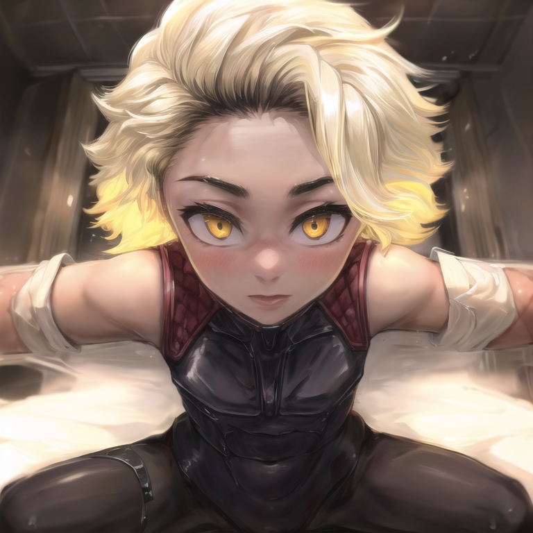 1girl ai-generated armor blonde_hair blush league_of_legends loli non-web_source rell_(league_of_legends) short_hair solo yellow_eyes