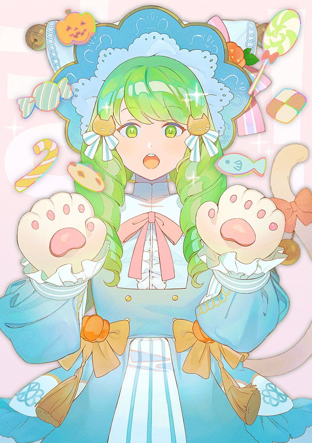 1girl candy candy_cane cat_girl cat_hair_ornament cat_tail cookie dress fake_tail fire_emblem fire_emblem:_three_houses fire_emblem_heroes flayn_(fire_emblem) flayn_(halloween)_(fire_emblem) food green_eyes green_hair hair_ornament hairclip halloween_costume highres jack-o'-lantern kyufe solo swept_bangs tail