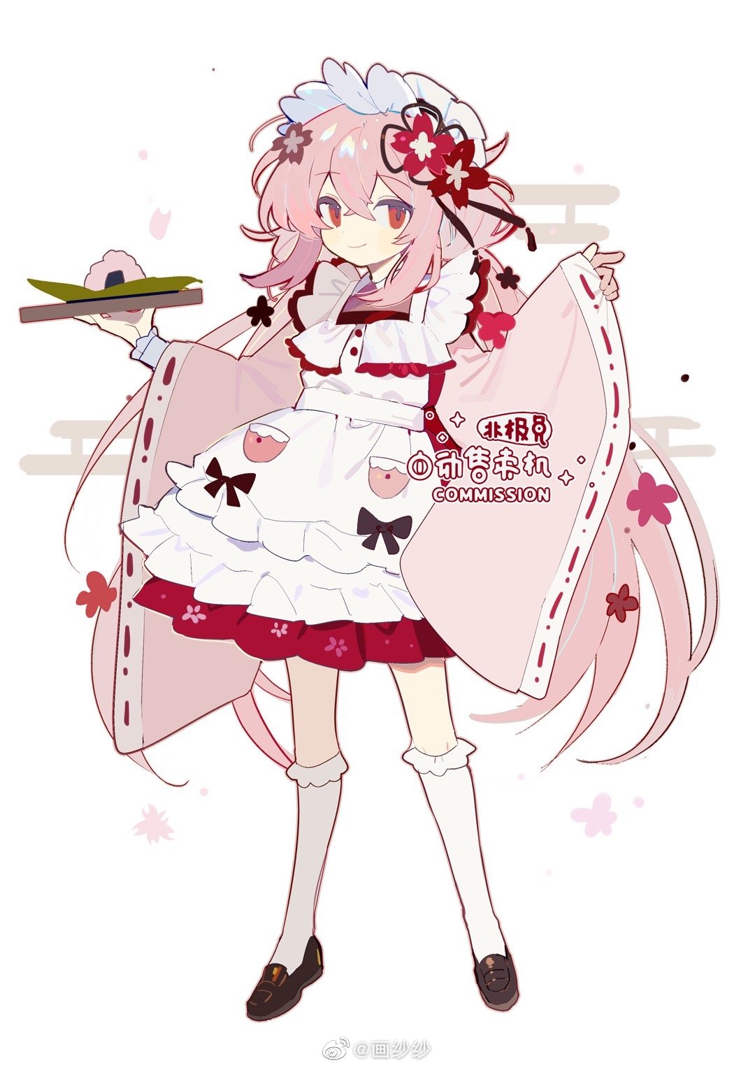 1girl apron black_bow black_flower black_footwear black_ribbon bow bow_apron cherry_blossom_print chinese_commentary closed_mouth commentary_request commission dress floral_print flower flower_knot food frilled_apron frilled_socks frills full_body hair_flower hair_ornament hair_ribbon highres holding holding_tray huasha kneehighs layered_sleeves long_hair long_sleeves looking_at_viewer maid maid_headdress onigiri original pink_flower pink_hair pleated_skirt pocket red_dress red_eyes red_flower ribbon ribbon-trimmed_sleeves ribbon_trim shoes short_dress simple_background skirt smile socks solo tassel tassel_hair_ornament too_many_flowers tray uwabaki very_long_hair wa_maid watermark weibo_logo weibo_username white_apron white_background white_headdress white_sleeves white_socks wide_sleeves