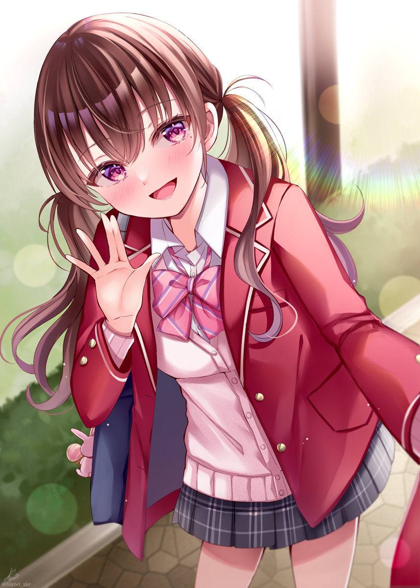 1girl :d bag blazer bow breasts brown_hair cardigan collared_shirt commentary_request day diagonal-striped_bow dress_shirt grey_skirt hair_between_eyes hand_up highres jacket long_hair long_sleeves looking_at_viewer low_twintails open_clothes open_jacket original outdoors pink_bow pink_cardigan plaid plaid_skirt pleated_skirt red_jacket sakura_hiyori school_bag school_uniform shirt skirt small_breasts smile solo twintails violet_eyes white_shirt