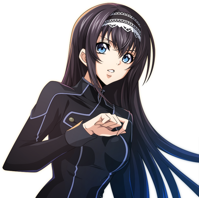 1girl artist_request black_hair black_hairband black_shirt blue_eyes breasts code_geass code_geass:_lost_stories hairband hand_up lace-trimmed_hairband lace_trim long_hair long_sleeves looking_at_viewer maya_disel non-web_source official_art order_of_the_black_knights_uniform parted_lips shirt sidelocks simple_background small_breasts solo standing teeth transparent_background upper_body v-shaped_eyebrows