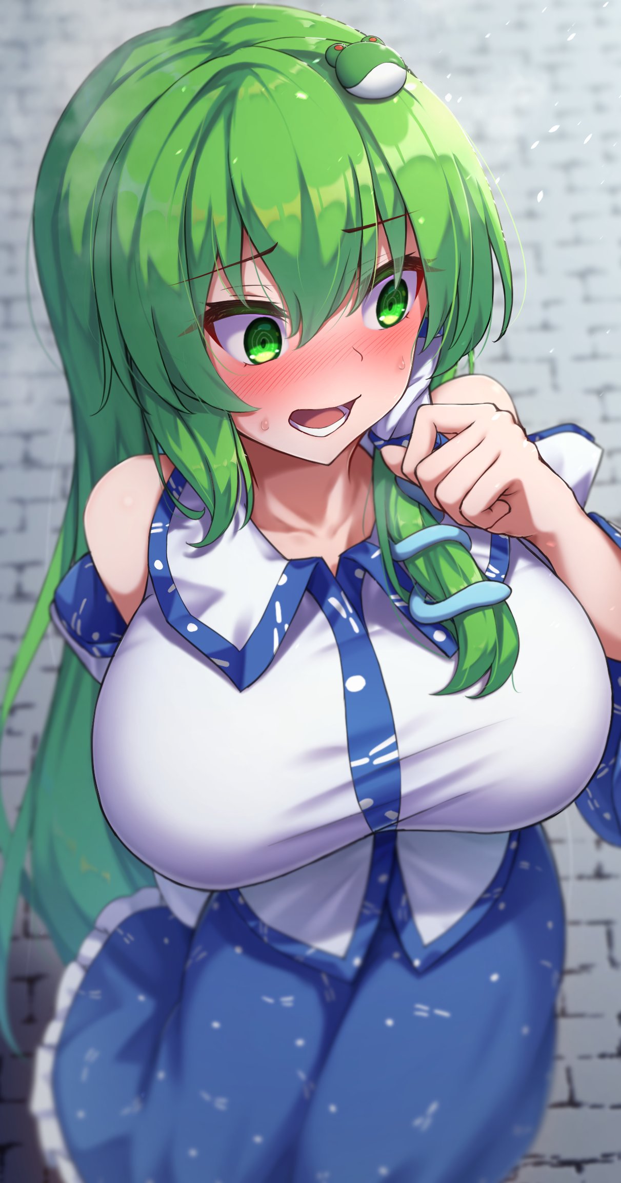 1girl @_@ blue_skirt blurry blush breasts collared_shirt colored_eyelashes commentary cowboy_shot day depth_of_field embarrassed eyelashes foreshortening frilled_skirt frills frog_hair_ornament from_above green_eyes green_hair hair_between_eyes hair_ornament hand_up highres huge_breasts kochiya_sanae long_hair long_skirt looking_to_the_side lower_teeth_only nervous_smile nose_blush open_mouth outdoors shirt sidelighting sidelocks skirt sleeveless sleeveless_shirt smile snake_hair_ornament solo sweatdrop teeth touhou tsurime very_long_hair white_shirt yosshy