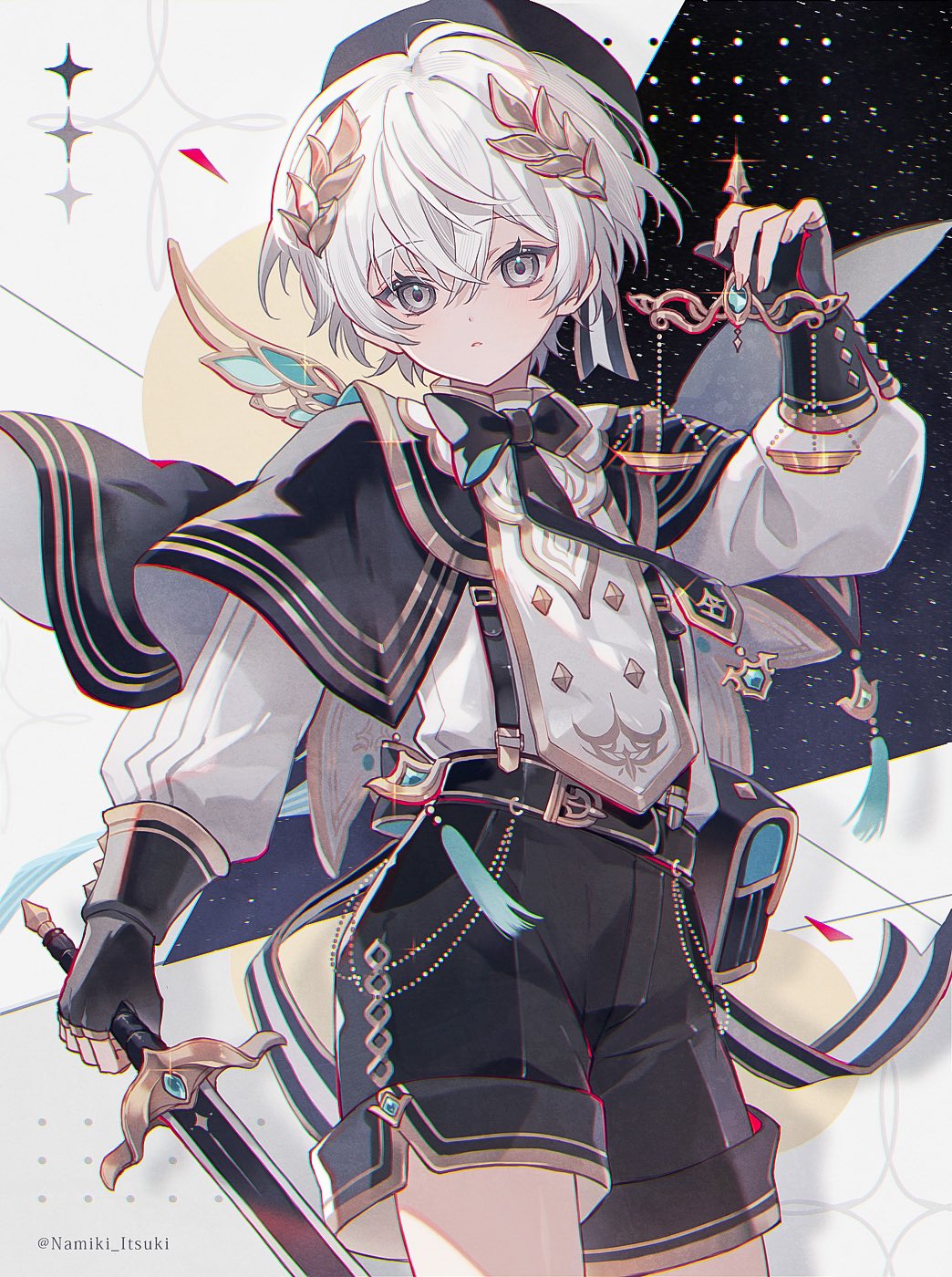 1boy black_gloves black_horts bow capelet constellation cowboy_shot fingerless_gloves gloves grey_eyes highres holding long_sleeves looking_at_viewer male_focus moon nail_polish namiki_itsuki night night_sky original shooting_star shorts sky solo space sparkle star_(sky) starry_sky suspenders sword weapon