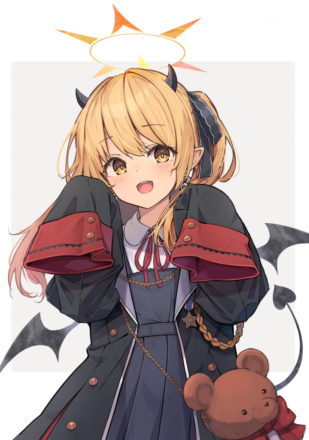 1girl black_coat black_dress black_horns black_tail black_wings blonde_hair blue_archive blush coat collared_shirt demon_horns demon_tail demon_wings dress hachita_(odangoya) halo highres horns ibuki_(blue_archive) long_hair looking_at_viewer neck_ribbon open_clothes open_coat open_mouth pinafore_dress red_ribbon ribbon shirt side_ponytail sleeveless sleeveless_dress sleeves_past_fingers sleeves_past_wrists smile solo tail white_shirt wings yellow_eyes yellow_halo