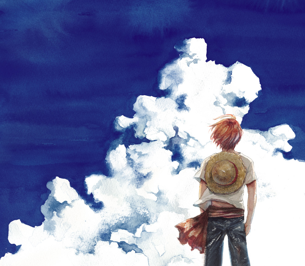 1boy aged_down back child clouds cloudy_sky commentary_request hat kusaco male_focus one_piece outdoors redhead shanks_(one_piece) shirt short_hair short_sleeves sky solo standing straw_hat unworn_hat unworn_headwear white_shirt