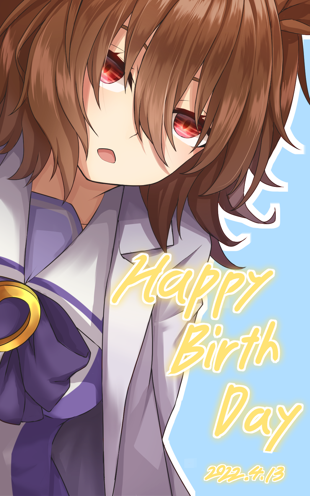 1girl agnes_tachyon_(umamusume) animal_ears bow breasts brown_hair coat commentary_request dated english_text hair_between_eyes happy_birthday highres horse_ears horse_girl lab_coat light_blue_background looking_at_viewer medium_breasts messy_hair open_clothes open_coat open_mouth purple_bow red_eyes ruisuke sailor_collar school_uniform short_hair simple_background solo summer_uniform tracen_school_uniform umamusume upper_body white_coat