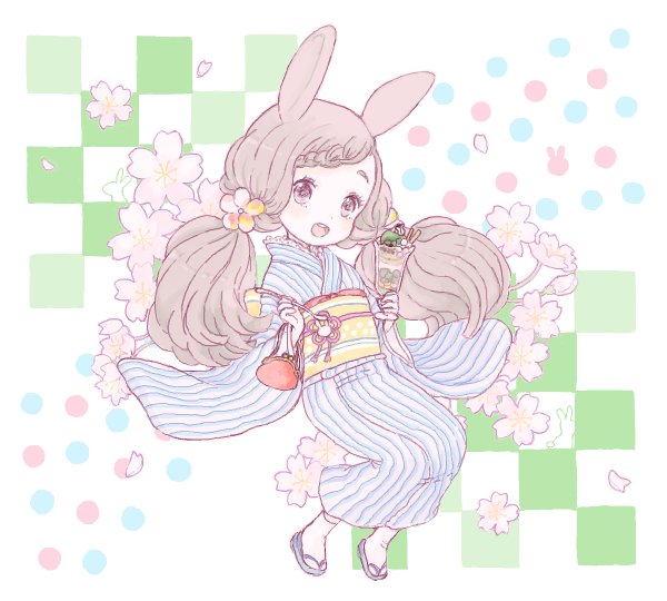 1girl animal_ears bad_drawr_id bad_id bag blue_footwear blue_kimono braid braided_bangs brown_eyes brown_hair character_request checkered_background cherry_blossoms copyright_request falling_petals floating flower food full_body green_background hair_flower hair_ornament handbag holding holding_bag japanese_clothes kimono long_hair long_sleeves looking_at_viewer multicolored_background obi oekaki open_mouth parfait petals polka_dot polka_dot_background rabbit_ears sandals sash single_braid solo striped_clothes striped_kimono tabi teeth twintails upper_teeth_only vertical-striped_clothes vertical-striped_kimono white_background wide_sleeves yellow_sash yuu_(drawr)