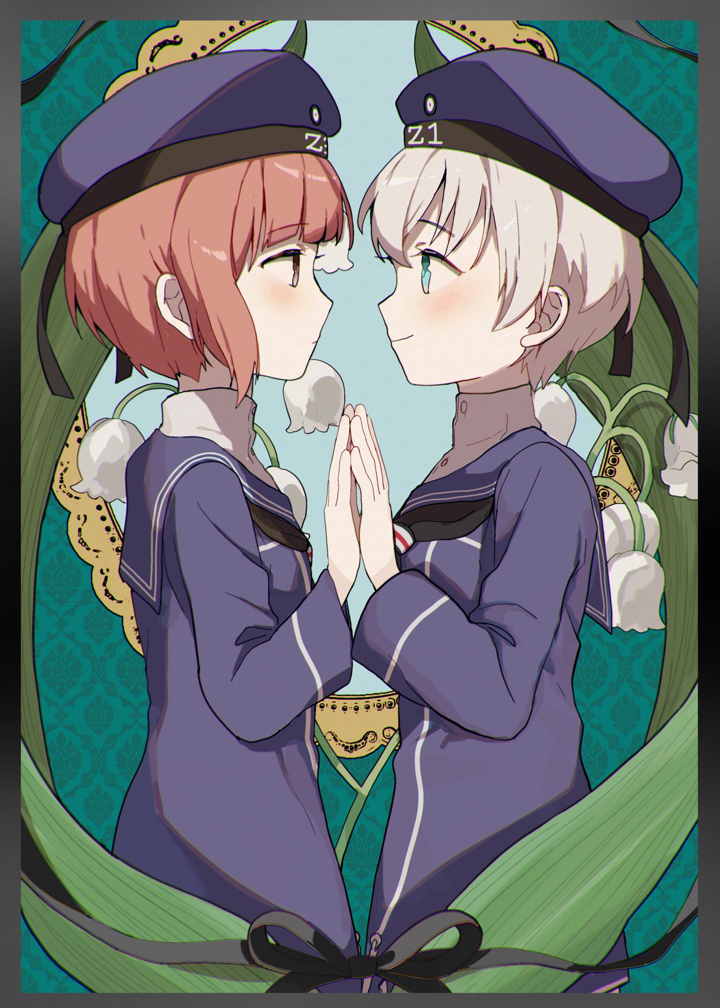2girls black_dress black_headwear black_sailor_collar blonde_hair blue_eyes blush closed_mouth clothes_writing dress eye_contact flower hat highres kantai_collection lily_of_the_valley long_sleeves looking_at_another multiple_girls red_eyes redhead sailor_collar sailor_dress sailor_hat shamomo short_hair smile white_flower z1_leberecht_maass_(kancolle) z3_max_schultz_(kancolle)
