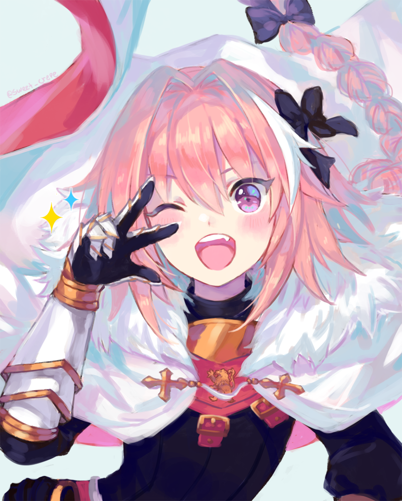 1boy astolfo_(fate) black_bow black_thighhighs bow braid cape fang fate/grand_order fate_(series) fur-trimmed_cape fur_trim garter_straps gauntlets hair_bow hair_intakes long_hair male_focus multicolored_hair one_eye_closed open_mouth otoko_no_ko pink_hair rapueru simple_background smile solo sparkle streaked_hair thigh-highs v v_over_eye violet_eyes white_background white_cape white_hair