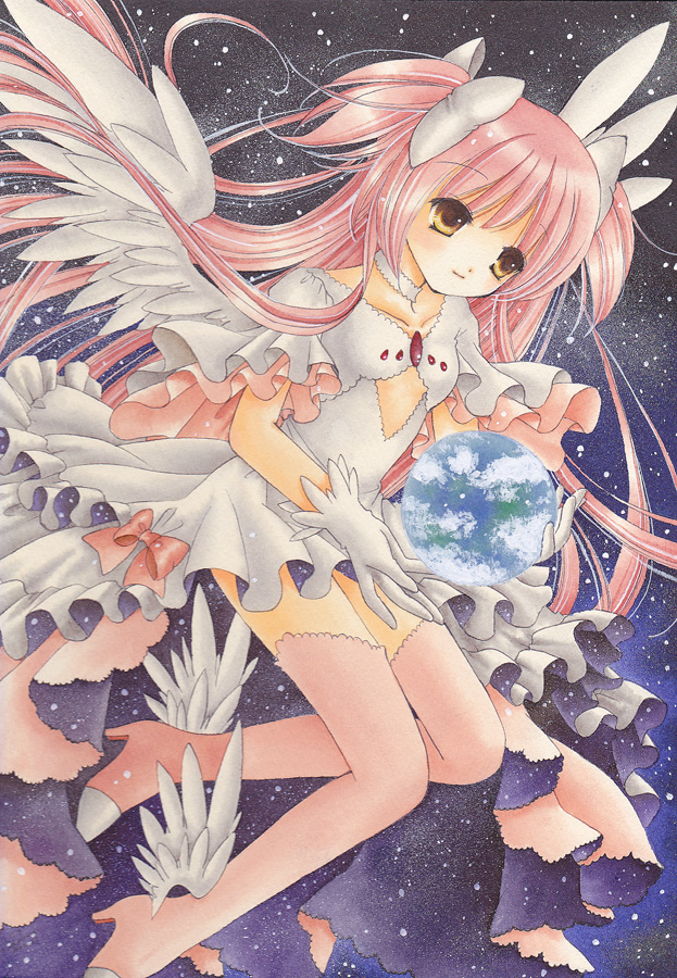 alternate_costume alternate_hairstyle asapon bows choker earth galaxy gloves goddess_madoka hair_bow holding kaname_madoka long_hair mahou_shoujo_madoka_magica pink_hair pink_thighhighs planet solo space tighhighs two_side_up white_gloves white_handwear white_wings wings yellow_eyes