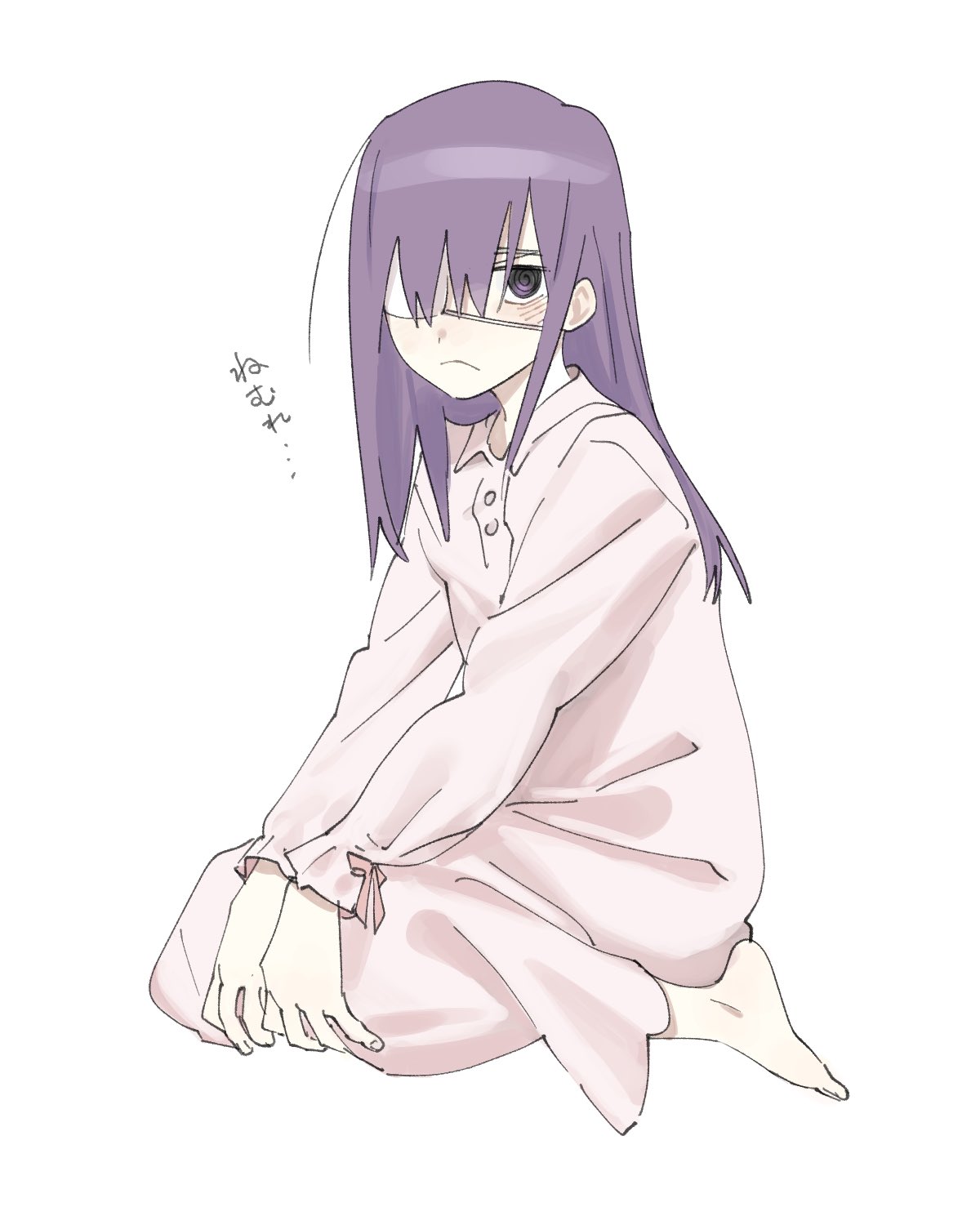 1girl @_@ bad_id bad_twitter_id buttons character_request closed_mouth copyright_request eyepatch feet frown highres long_hair long_sleeves pajamas purple_hair simple_background sitting solo violet_eyes wariza white_background xxxsoiu1